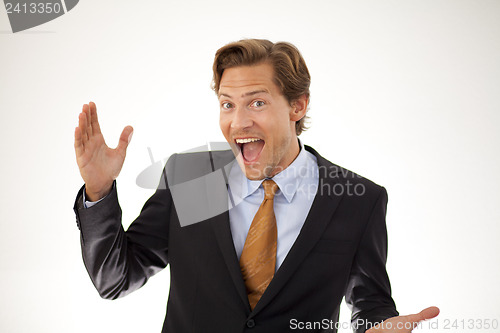 Image of Smiling businessman presenting a concept