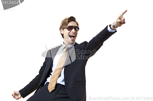 Image of Overjoyous businessman pointing