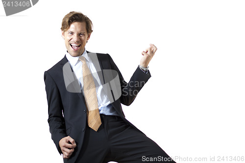 Image of Successful businessman playing air guitar