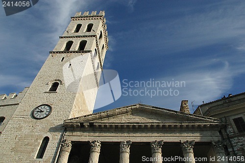 Image of The Square of Comune (Piazza del Comune) is in the centre of Assisi.The tower of the Temple of Minerva