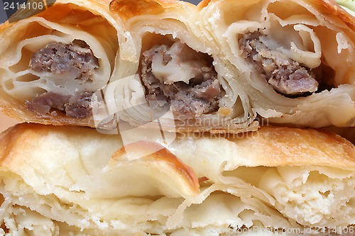 Image of Burek (pie with meat or spinach) is traditional Balkanian meal 
