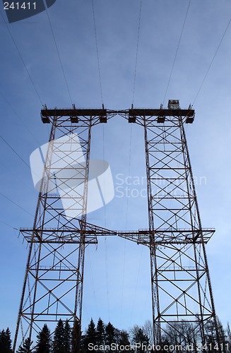 Image of Big double electricity pylon in the forest