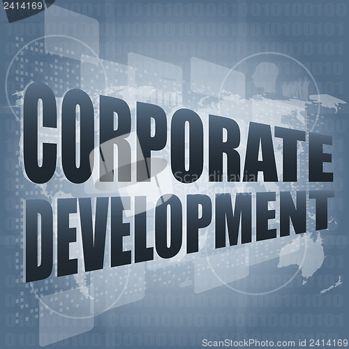 Image of corporate development words on digital screen with world map