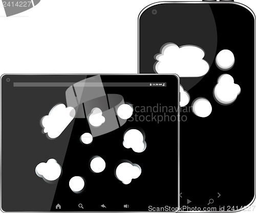 Image of Blank mobile smart phone and digital tablet pc with cloud on the screen