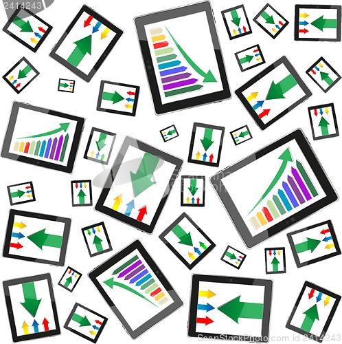 Image of tablet pc computer profit concept, green arrow and business growth chart
