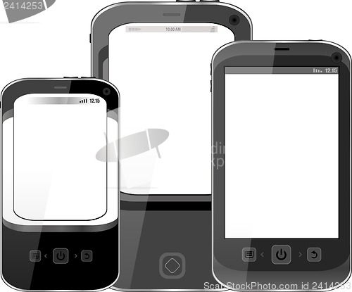 Image of Photo-realistic illustration of different smart phones with copyspace on the screen - isolated