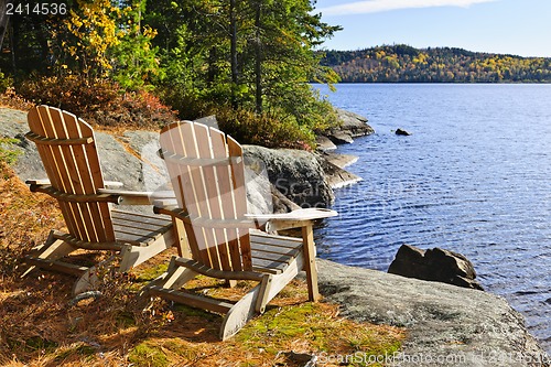 Image of Adirondack chairs at lake shore