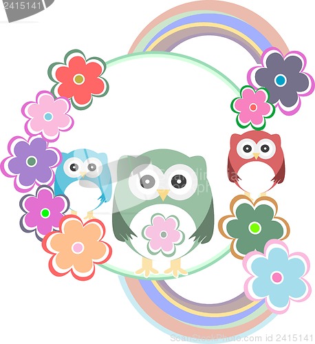 Image of birthday party card with cute birds, owl family and flowers