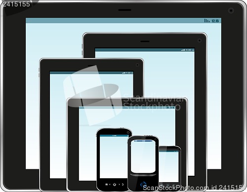 Image of Set of realistic display, tablet computer and mobile phone template with blue screen