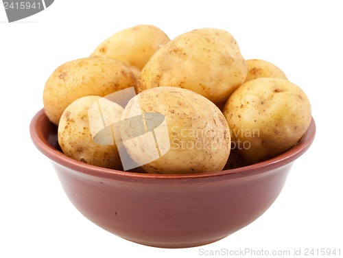 Image of Young potatoes in a clay bowl