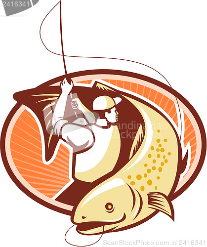 Image of Fly Fisherman Reeling Trout Fish Retro