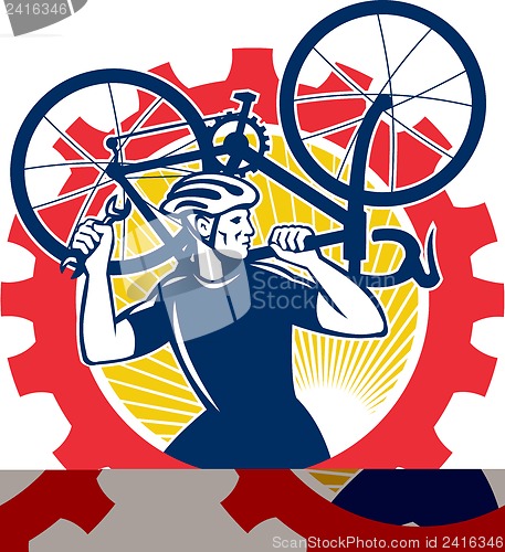 Image of Cyclist Bicycle Mechanic Carrying Bike Sprocket Retro
