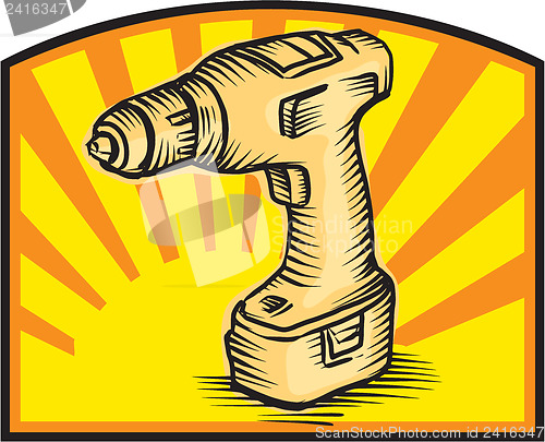 Image of Cordless Drill Power Tool Woodcut Retro
