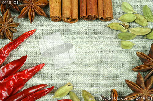 Image of Spices on flax texture