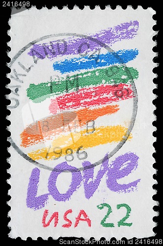 Image of Stamp printed in USA shows image of the dedicated to the Love