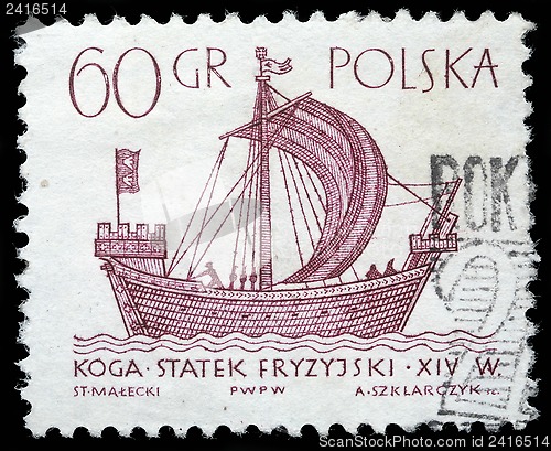 Image of Stamp printed in Poland shows a vintage ship