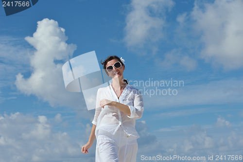 Image of happy woman enjoy  summer time
