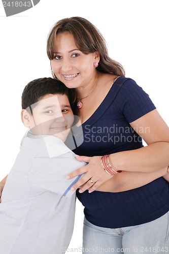 Image of Happy young mother and her son posing together. Isolated over wh