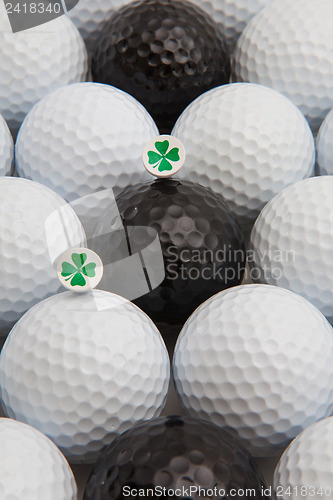 Image of White and black golf balls and wooden tees