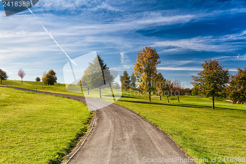 Image of Empty road on the autumn golf course