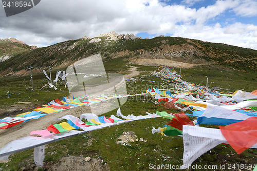 Image of Landscape of Buddhist prayer flags 