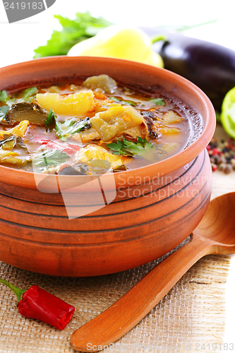 Image of Thick soup with meat and vegetables.