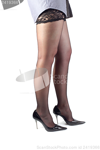 Image of Beautiful female legs in black stockings.