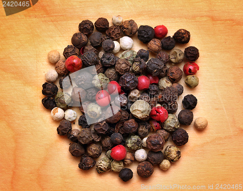 Image of mix of peppers macro on wooden board
