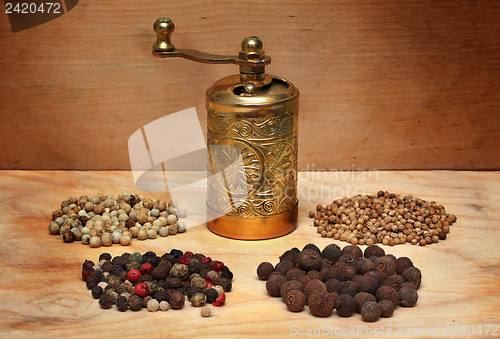 Image of grinder and spices on a wooden board