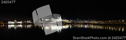 Image of night panorama of kazan with reflection in river