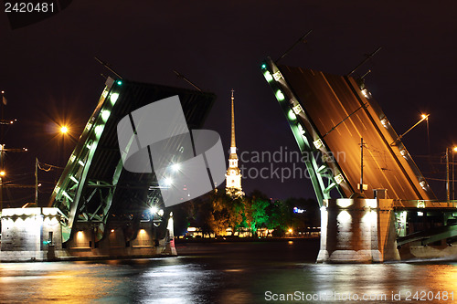 Image of open drawbridge at night in St. Petersburg