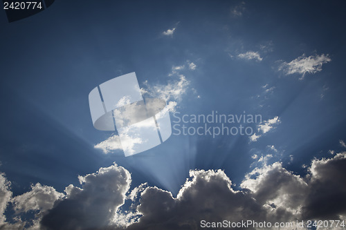 Image of Silver Lined Storm Clouds with Light Rays and Copy Space