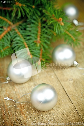 Image of christmas decorations and fir tree 