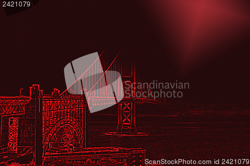 Image of Golden Gate Bridge with enhanced red contours