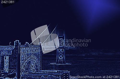 Image of Golden Gate Bridge with enhanced contours and moon light
