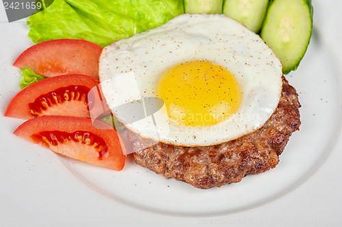 Image of steak beef meat with fried egg