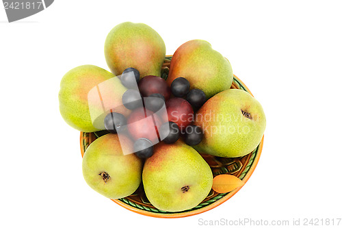 Image of Pears, plums and prunes on the plate on a white background.