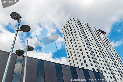 Image of Modern buildings and street lights