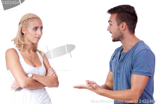 Image of young attractive couple conflict angry problem isolated