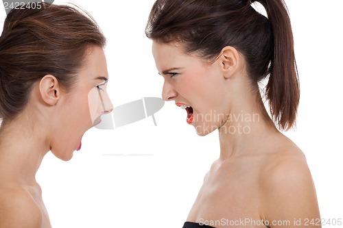 Image of two young girls angry shouting loud isolated