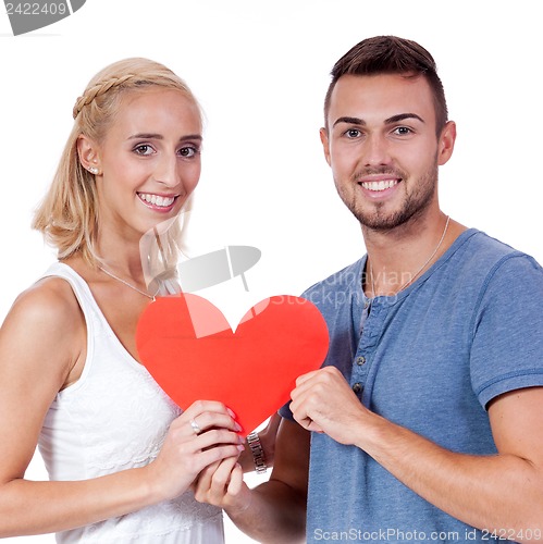 Image of happy young couple in love with red heart valentines day 