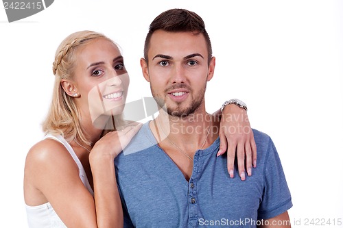 Image of young smiling couple in love portrait isolated