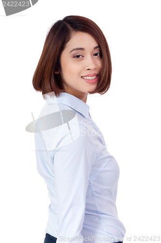 Image of young successful attractive asian businesswoman isolated