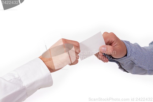 Image of hands and business card closeup isolated 