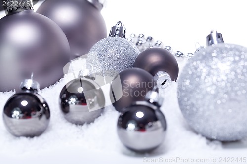 Image of glitter silver christmas baubles decoration holidays isolated