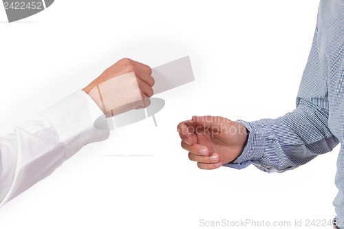 Image of hands and business card closeup isolated 