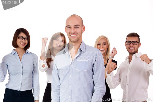 Image of young successful business team smiling portrait isolated