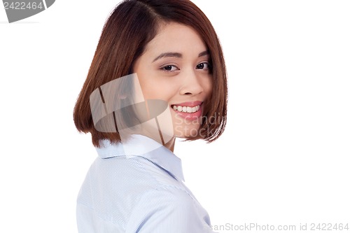 Image of young successful attractive asian businesswoman isolated