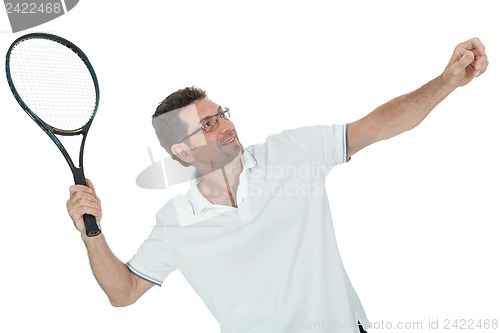 Image of smiling adult tennis player with racket isolated