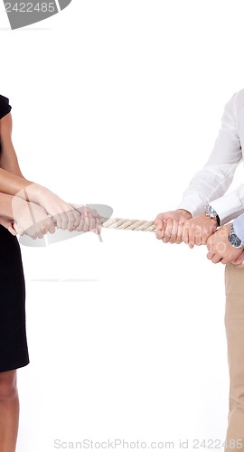 Image of business woman against businessman pulling rope isolated